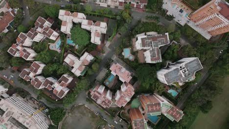 Aerial-top-down-footage-that-is-rotating-showing-apartment-buildings-in-downtown-Cali,-Colombia