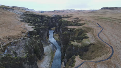 Fjadrargljufur-canyon-aerial-shot-in-Iceland-in-early-winter