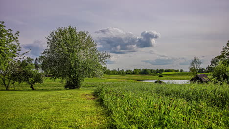 Ein-Entfernter-Wolkengebilde-Zeitraffer-In-Der-Wiesenlandschaft-Im-Sommer