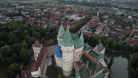 Close-aerial-shot-from-the-towers-of-Bojnice-Castle-of-the-Spirits-in-Slovakia