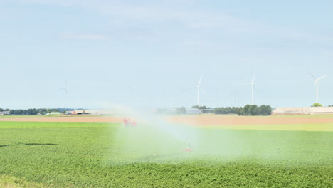 Agricultural-irrigation-system-spraying-water-over-crops,-the-Netherlands-1