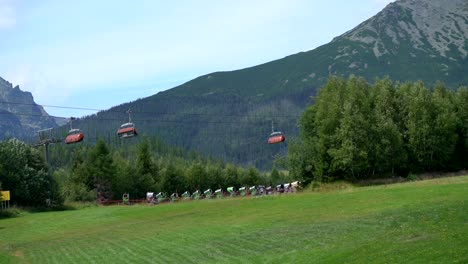 Wide-angle-shot-of-chair-lifts-and-cable-cars-in-mountains-in-summer