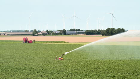Landwirtschaftliches-Bewässerungssystem,-Das-Wasser-über-Pflanzen-Sprüht,-Windturbinen-Im-Hintergrund,-Zeitlupe-1