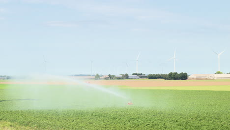 Agricultural-irrigation-system-spraying-water-over-crops,-the-Netherlands-2