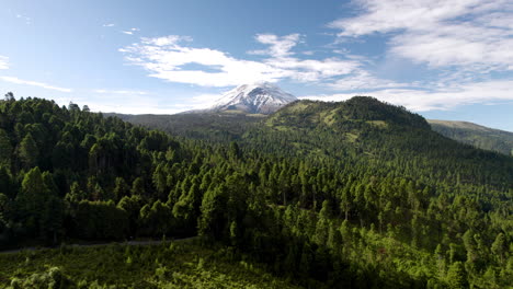 Drone-close-up-shot-of-the-surrounding-forest-of-the-popocatepetl-volcano-national-park