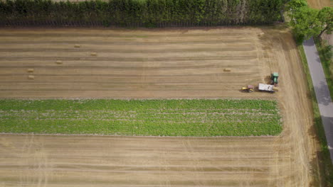 Farm-Work,-Tractor-in-Agricultural-Farmland-Field-Working-Carry-Hay-Bales,-Hay-Harvest-Agriculture-Machinery,-Aerial-View