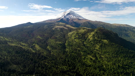 Drone-shot-with-panoramic-view-of-the-snowy-peak-of-popocatepetl-volcano-in-mexico-city