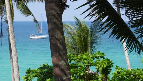 Eine-Schöne-Aufnahme-Des-Meeres-Von-Thailand-Mit-Palmen-Im-Vordergrund-Und-Einem-Segelboot-Im-Hintergrund-In-Südostasien