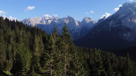 Fliegen-In-Der-Nähe-Von-Kiefern-In-Einem-Wunderschönen-Tal-In-Den-Dolomiten,-Mit-Einem-Hervorragenden-Blick-Auf-Berge-Und-Felsformationen-Im-Hintergrund-In-Norditalien