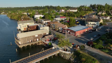 Orbiting-drone-shot-of-the-historic-Coupeville-downtown-district,-the-second-oldest-city-in-Washington-State