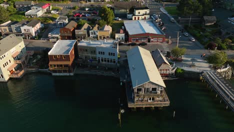 Aerial-shot-of-the-Coupeville-downtown-historic-waterfront-during-a-warm-sunset