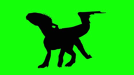 Silhouette-of-a-fantasy-creature-monster-dragon-walking-on-green-screen,-perspective-view