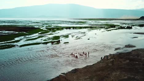 Lake-Natron-With-Tourists-Enjoying-The-Water-In-Tanzania---drone-shot