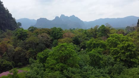 Flying-above-the-trees,-villages,-and-the-jungle-landscape-of-Khao-Sok-National-Park-with-rock-formations-in-the-background-in-Thailand-in-Southeast-Asia