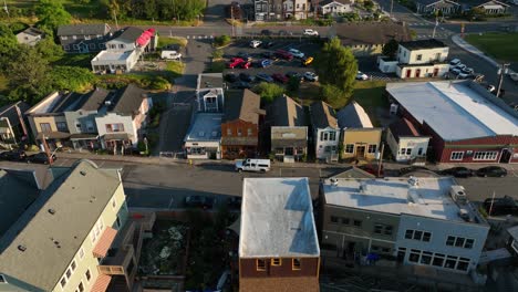 Drone-shot-of-Coupeville's-downtown-center-at-sunset