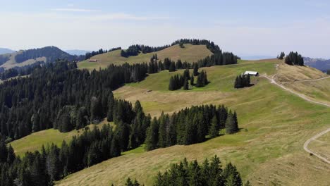 Pasto-Alpino-Sereno-En-El-Día-De-Verano,-Cantón-De-Schwyz,-Suiza,-Panorama-Aéreo