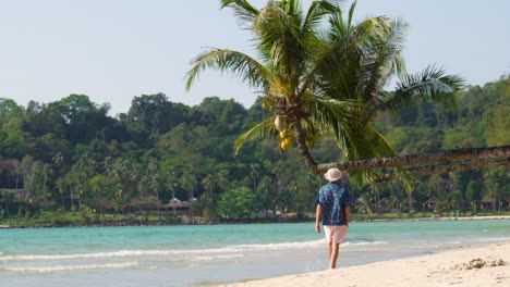 Un-Hombre-Camina-Bajo-Una-Palmera-En-Una-Impresionante-Playa-Tropical-En-Un-Día-Azul-Claro,-Ubicado-En-La-Isla-De-Koh-Kood-En-El-País-De-Tailandia-En-El-Sudeste-Asiático