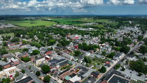 High-wide-panorama-of-city-in-USA-surrounded-by-rural-farmland