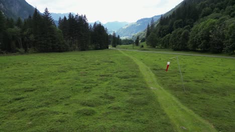 Drone-push-in:-green-valley-and-small-path-next-to-fir-forest-in-the-swiss-alps,-Obwalden,-Engelberg-aerial-view