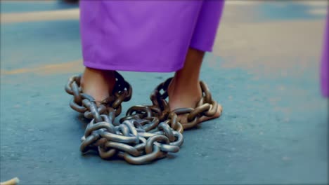 Person-is-walking-around-with-chains-on-their-ankles,-captivity-and-slavery-concept,-slow-motion