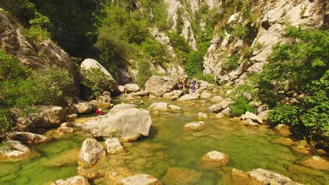 People-walking-over-river-on-rocks,-green-nature