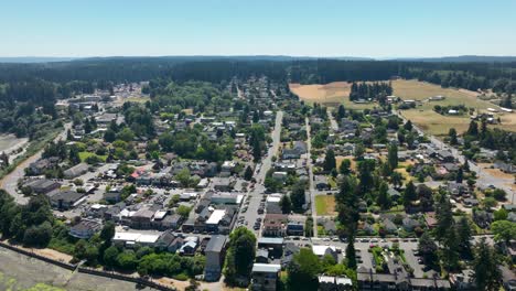 Wide-establishing-aerial-shot-over-top-of-Langley,-Washington's-humble-town
