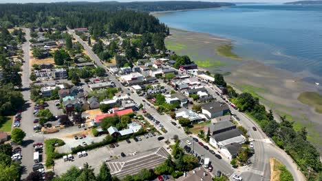 Overhead-drone-shot-of-Whidbey-Island's-quaint-town-of-Langley