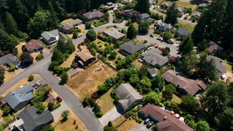 Overhead-aerial-shot-of-homes-in-Langley,-Washington-on-a-hot-summer-day