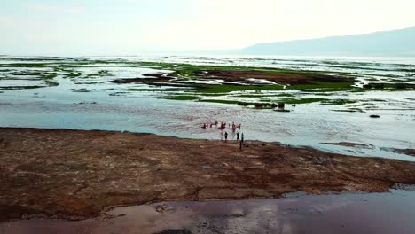 Luftaufnahme-Von-Menschen,-Die-Im-Lake-Natron-Von-Tansania-Schwimmen---Drohnenaufnahme