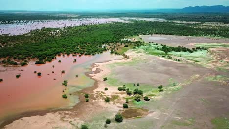 Lake-Magadi-With-Soda-Ash-In-Kenya,-Great-Rift-Valley-Of-Africa---aerial-drone-shot