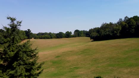 Aufsteigende-Luftdrohnenaufnahme-Eines-üppigen-Grünen-Gartens,-Der-Verbrannte-Felder-Enthüllt,-Englische-Landschaft,-Dorset,-Großbritannien,-4k