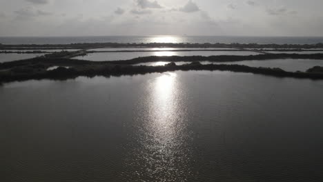 Aerial-view-in-forward-flight-of-fishing-ponds-by-the-sea,-mirror-silhouette,-slow-motion