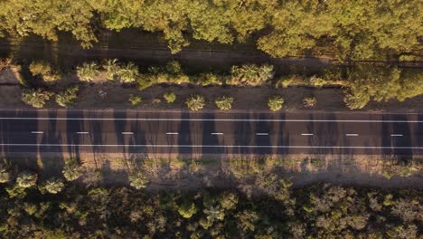 Aerial-top-down-view-over-isolated-grey-car-driving-along-straight-rural-country-road-of-Uruguay-surrounded-by-vegetation