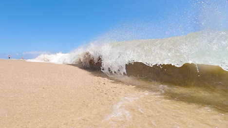 Crashing-Waves-Meeting-The-Sandy-Shoreline-In-Fuerteventura,-Canary-Islands,-Spain
