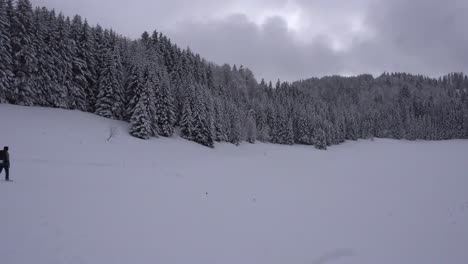 Hombre-Caminando-En-La-Nieve-En-Los-Alpes-Franceses-Durante-Una-Nevada-Con-Un-Bosque-De-Pinos-En-El-Fondo