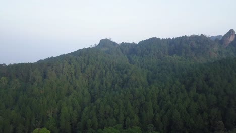 Drone-shot-of-mountain-range-covered-by-dense-of-forest-in-misty-morning