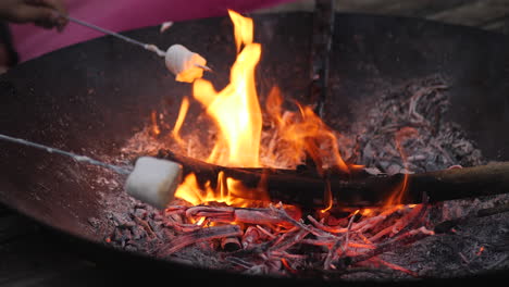 High-angle-close-up-of-two-marshmallows-on-sticks-roasting-over-small-campfire
