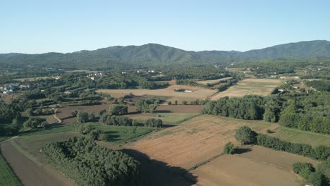 Campo-Cultivado-En-Girona-España-Imágenes-Aéreas-Con-Montañas-En-El-Fondo-Día-Soleado-De-Verano