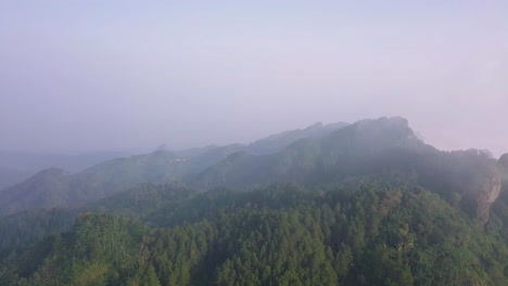 Mysterious-aerial-shot-of-forest-landscape-growing-on-mountain-during-foggy-day-in-Indonesia