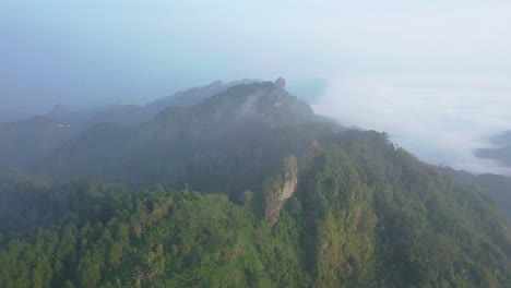 Mysterious-aerial-shot-of-forest-landscape-growing-on-mountain-during-cloudy-day-in-Indonesia