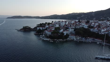 A-wide-view-of-the-Bourtzi-peninsula-in-the-old-harbor-in-Skiathos-in-4k
