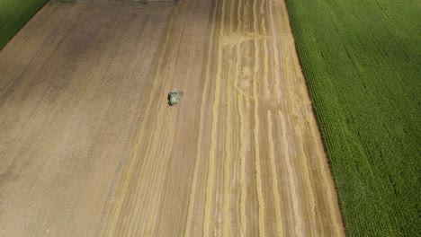 Harvester-harvesting-wheat-from-agricultural-field,-aerial-approach-view