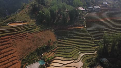 Step-farms-are-amongst-residential-houses-and-a-brown-irrigation-dam-on-top-of-a-steep-hill-in-Asia