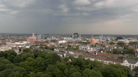 Drone-shot-rising-and-flying-over-Dortmund-city-in-Germany