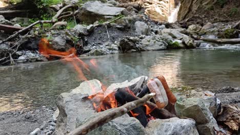 Person-cook-sausages-on-wooden-stick-on-bonfire-with-river-and-waterfall-in-background