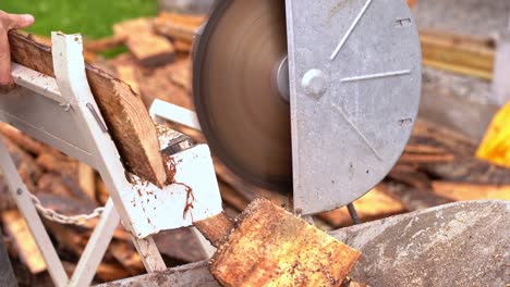 Slow-motion-crosscut-saw-cutting-firewood-from-wooden-pine-planks---Closeup-of-saw-and-wood-falling-into-wheelbarrow-in-20-percent-slow-motion-and-blurred-background