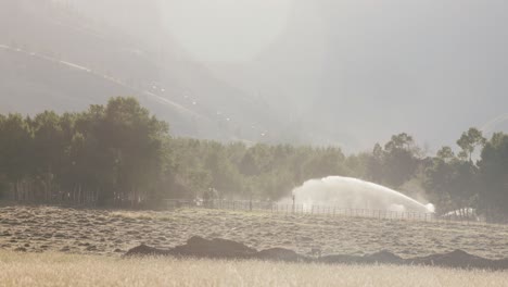 Birds-fly-through-frame-over-prairie-grass-while-sprinkler-sprays-water-at-sunset-beneath-Park-City-mountains-and-aspen-forest-in-slow-motion
