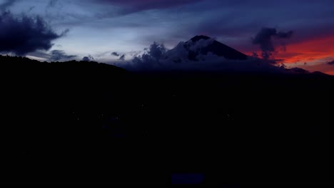 Aerial-tropical-sunset-afternoon-view-of-mount-Agung,-Bali