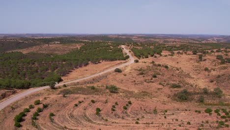 Flying-Over-Endless-Road-In-Typical-Countryside-Landscape-In-Alentejo,-Portugal