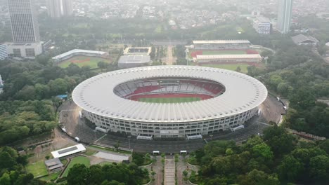 Aerial-birds-eye-view-of-GBK-Stadium-Sports-Complex-in-Jakarta-Indonesia-at-sunset
